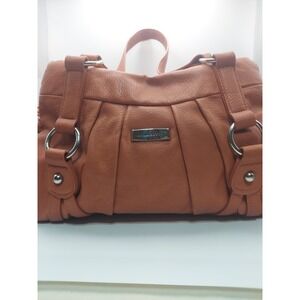 Laura Scott Women's Brown/Rust Faux Leather Shoulder Bag Top Handle Accent Read!